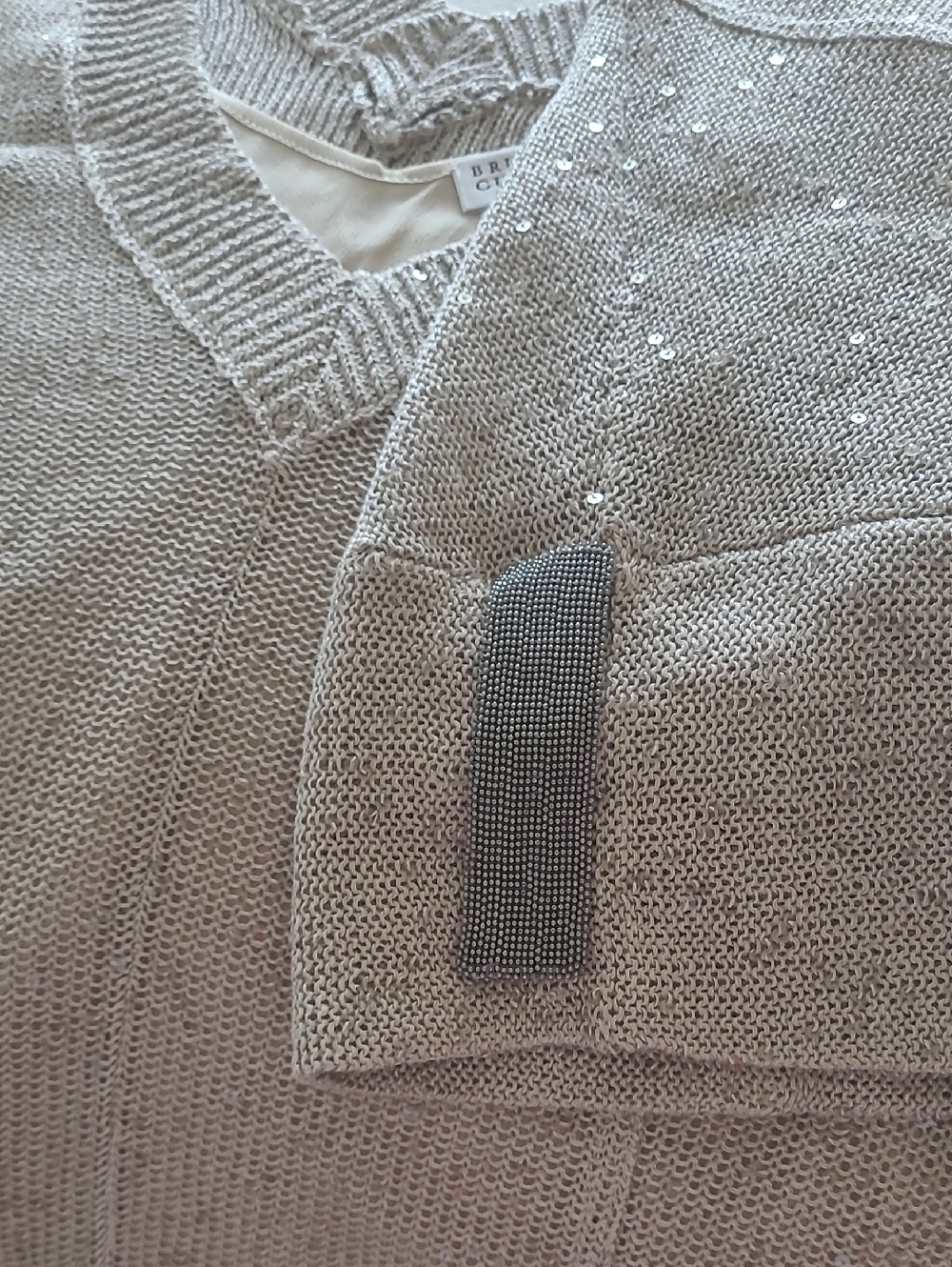 Brunello Cucinelli Taupe Sequin Knit V-Neck Maxi Dress - Picture 5 of 11